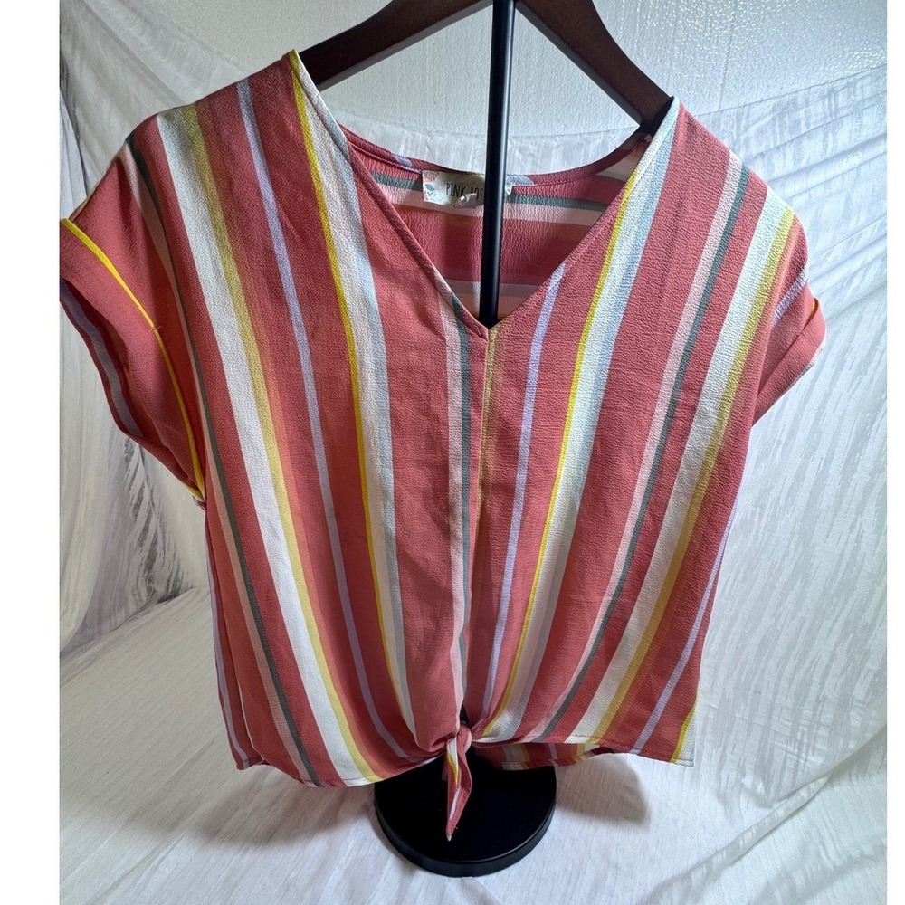 Pink Rose Stripe V-Neck Tie Front Short Sleeve Blouse XS Pink Yellow Multi-Color